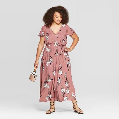 Women's Plus Size Floral Print Short Sleeve V-Neck Maxi Wrap Dress - Ava & Viv™ Mauve | Target
