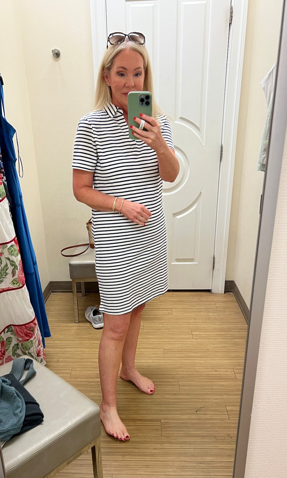 Navy and white summer collared tee shirt dress. 
Size up, wearing M

#LTKSaleAlert #LTKFindsUnder100 #LTKOver40