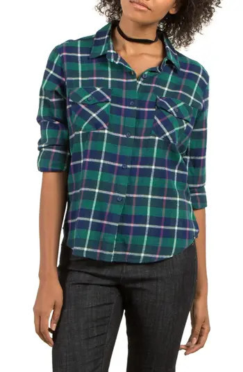 Women's Volcom New Flame Plaid Flannel Shirt, Size X-Small - Green | Nordstrom