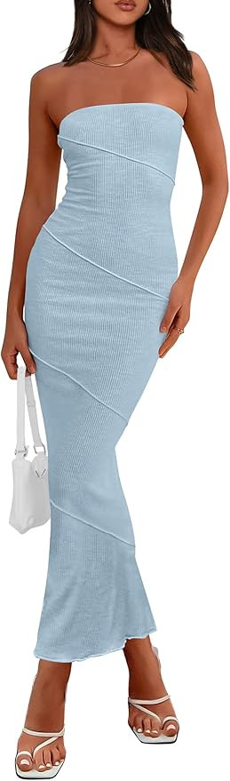 PRETTYGARDEN Women's Ribbed Maxi Bodycon Dress Summer Strapless Tube Y2K Party Club Long Dresses | Amazon (US)