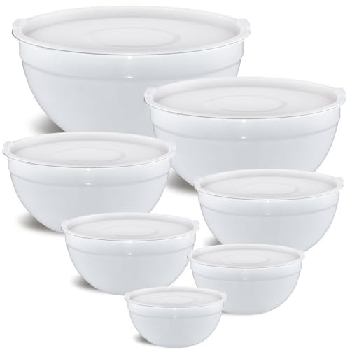 Moxinox White Mixing Bowls with Airtight Lids, Stainless Steel Nesting Mixing Bowls Set of 7, Ideal for Baking, Prepping and Serving Food, Size 7, 3.6, 2.7, 2.1, 1.5, 1.1,0.8 QT, Stackable Design | Amazon (US)