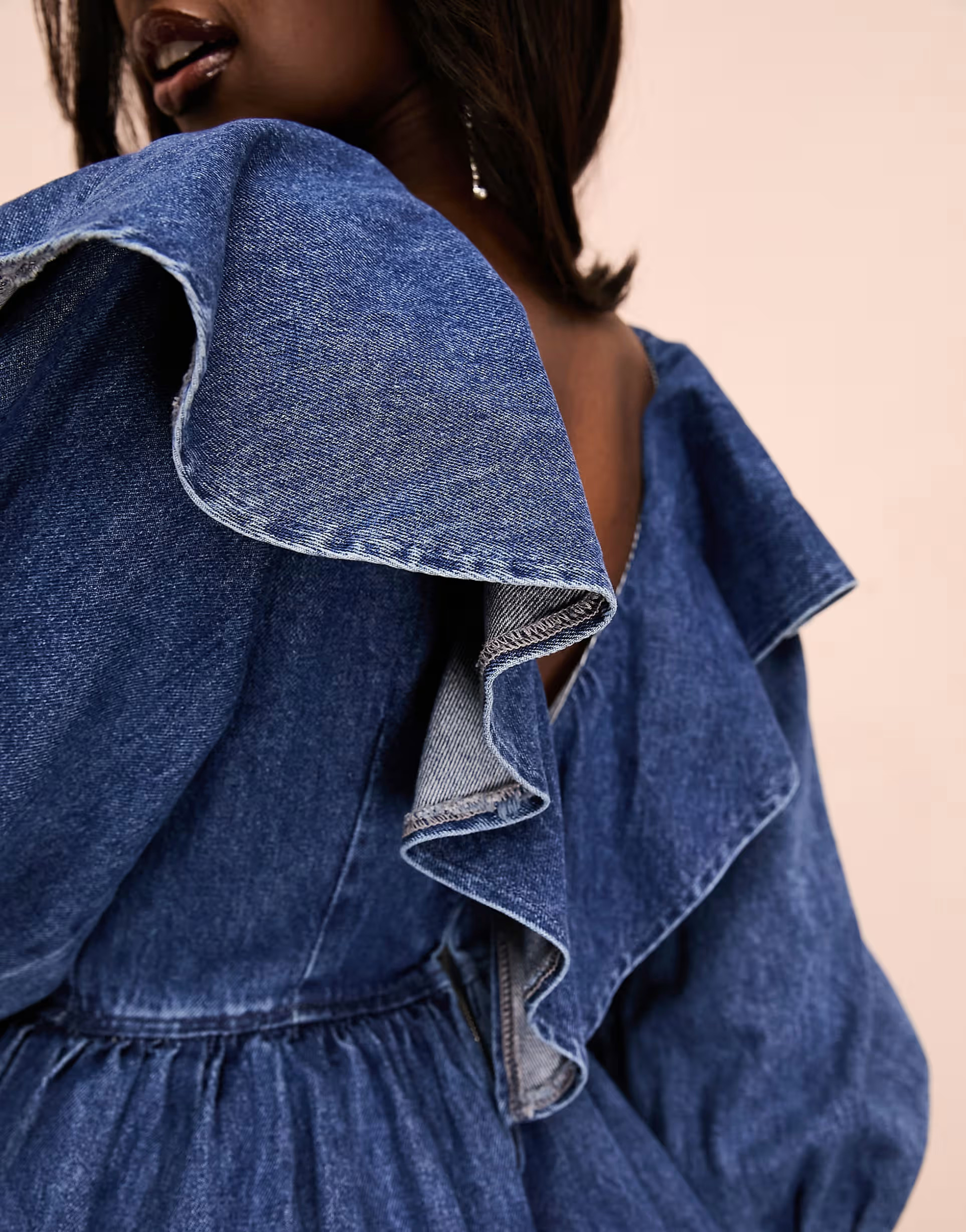 ASOS LUXE denim ruffle plunge tiered mini dress with diamante buttons in mid wash blue | ASOS (Global)