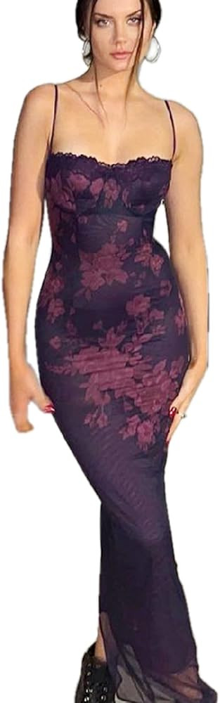 Women's Sexy Sleeveless Mesh Floral Maxi Dress Elegant Spaghetti Strap Lace Up Slit Bodycon Cockt... | Amazon (US)