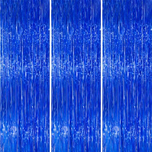 PartyWoo Dark Blue Streamers Fringe Backdrop 3pcs Navy Blue Foil Fringe Curtain 8.2FT Tinsel Backdrop for Birthday Gender Reveal Baby Shower Graduation Pool Under The Sea Ocean Party Decorations | Amazon (US)