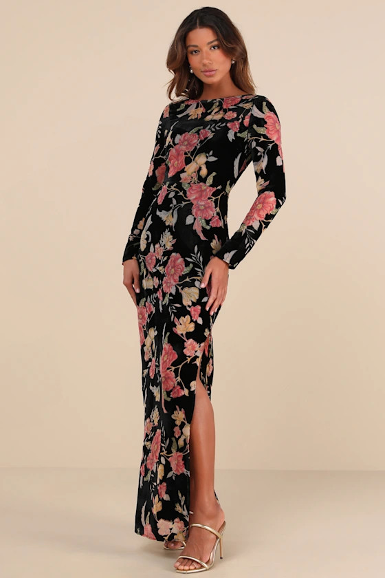 Glorious Aura Black Velvet Floral Burnout Long Sleeve Maxi Dress | Lulus