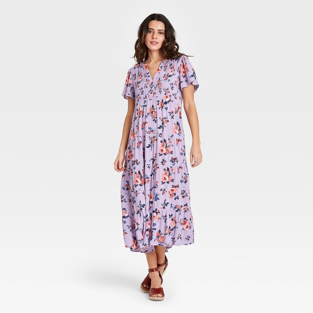 Women's Floral Print Short Sleeve Dress - Knox Rose Purple M | Target