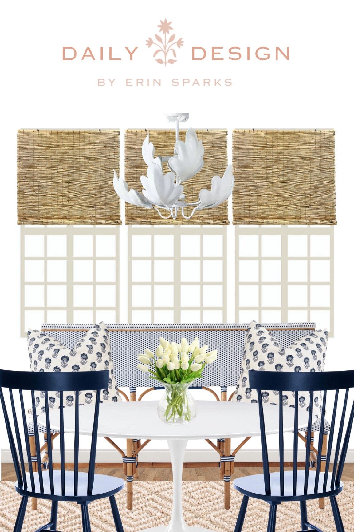 Interior design inspo dining room inspo mood board breakfast nook tulip table spindle chair dining bench banquette white chandelier bamboo blinds Roman shades block print pillow blue and white home grandmillennial home coastal home rattan bench 

#LTKhome #LTKsalealert