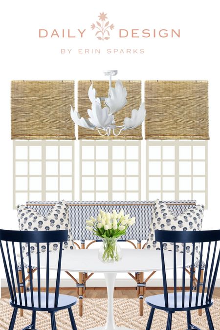 Interior design inspo dining room inspo mood board breakfast nook tulip table spindle chair dining bench banquette white chandelier bamboo blinds Roman shades block print pillow blue and white home grandmillennial home coastal home rattan bench 

#LTKhome #LTKsalealert