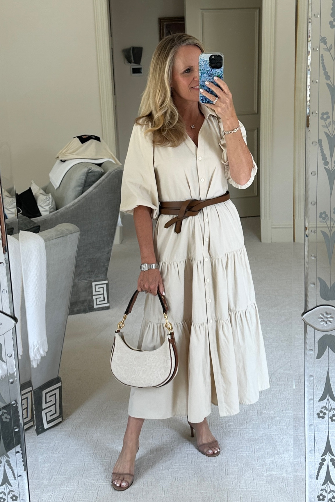 I love this new style midi dress from Brochu Walker
 🤍🤍
With a beautiful elbow length puff sleeve and triple tier skirt, it is the perfect dress for fall transition 

I’m 5’2” tall and wearing size  XS it fits true to size

#LTKSeasonal #LTKOver40 #LTKStyleTip