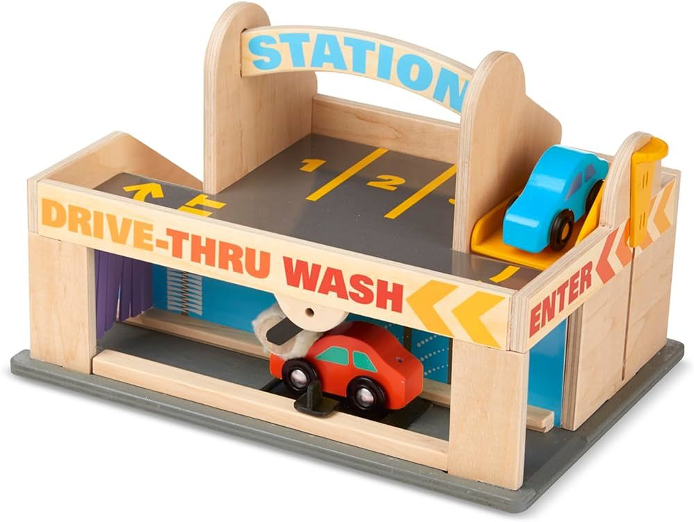 Melissa & Doug Service Station Parking Garage With 2 Wooden Cars and Drive-Thru Car Wash (SIOC) | Amazon (US)