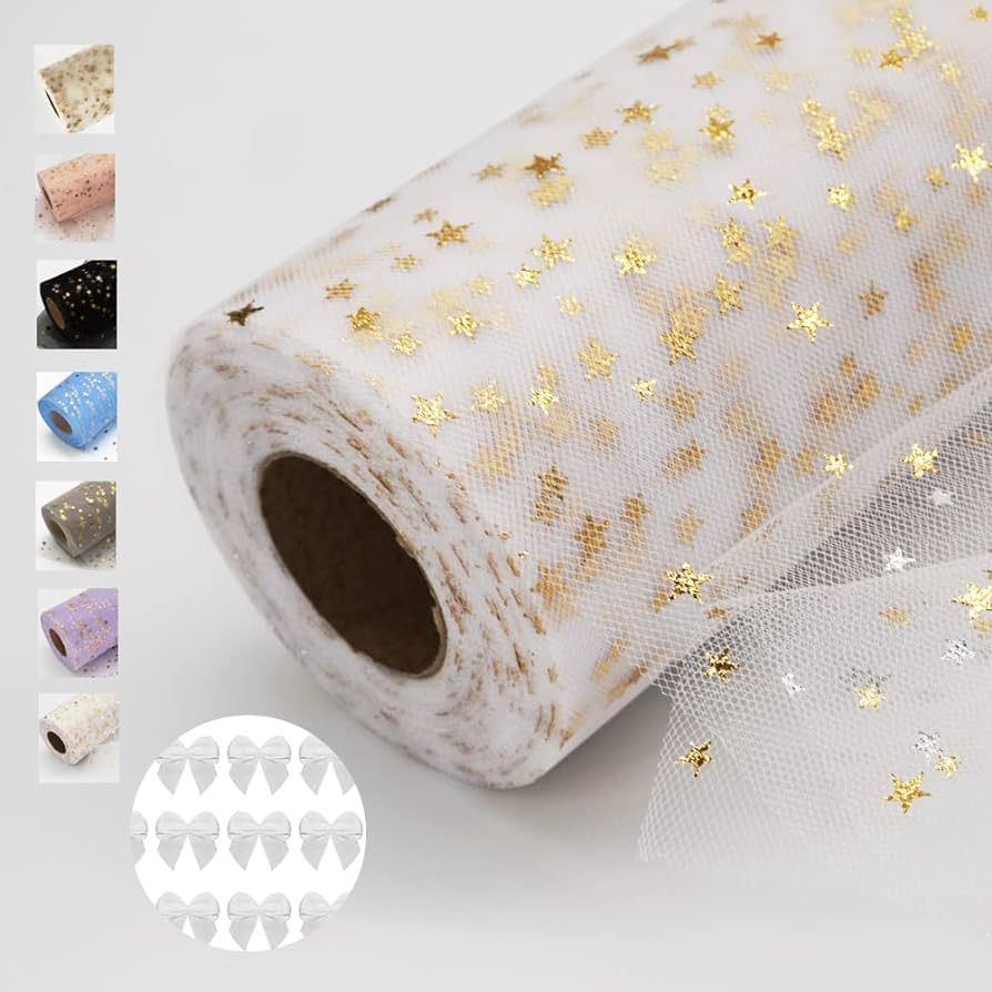 White Glitter Tulle Rolls with Foil Stars 6 Inch by 50 Yards Sparkle Fabric Ribbon for DIY Tutu S... | Amazon (US)