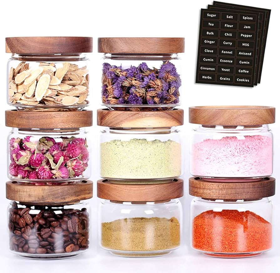 8 Pcs Spice Containers - 8.5oz Glass Spice Jars With Acacia Airtight Lid and Labels - Stackable E... | Amazon (US)