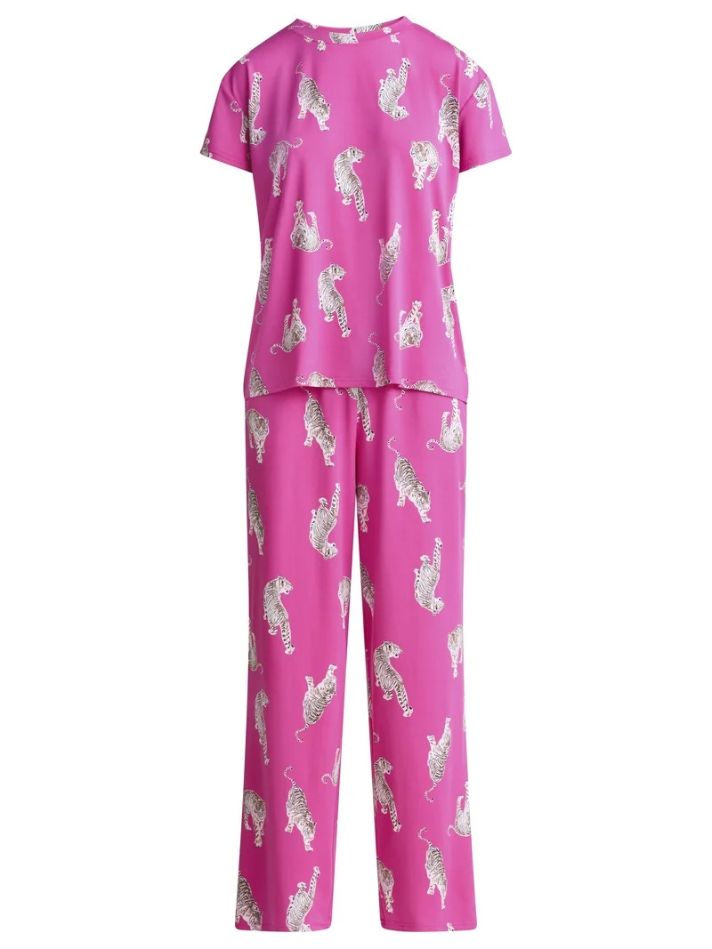 Joyspun Women's Short Sleeve Sleep Top and Open Leg Pants Pajama Set, 2-Piece, Sizes XS-3X - Walm... | Walmart (US)