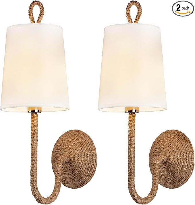 Natural Rattan Wall Sconce Set of 2: Boho Coastal Rope Woven Lamps with Linen Fabric Shades for L... | Amazon (US)