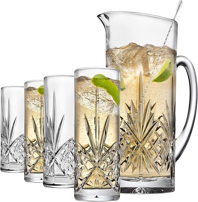 Godinger Barware Beverage Set - Mixing Pitcher Carafe, Stirrer and 4 Collins Tall Drinking Glasse... | Amazon (US)