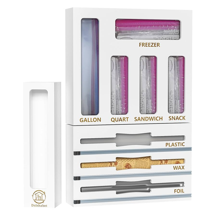 DALSHABET 9 IN1 Bamboo Storage Bag Drawer Organizer with Cutter, Foil and Plastic Wrap Dispenser ... | Amazon (US)