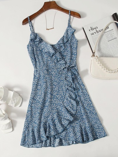 SHEIN Ruffle Trim Wrap Tie Side Ditsy Floral Slip Dress | SHEIN