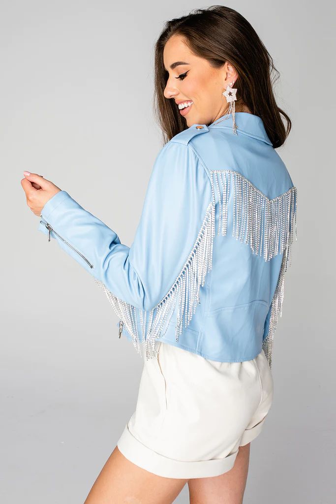 Rife Crystal Fringe Vegan Leather Jacket - Baby Blue | BuddyLove