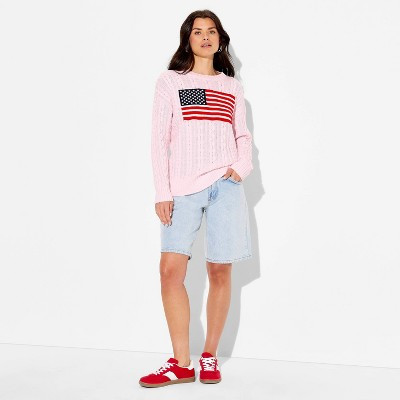 Women's Crewneck American Flag Pullover Sweater - Wild Fable™ Light Pink Flags S | Target