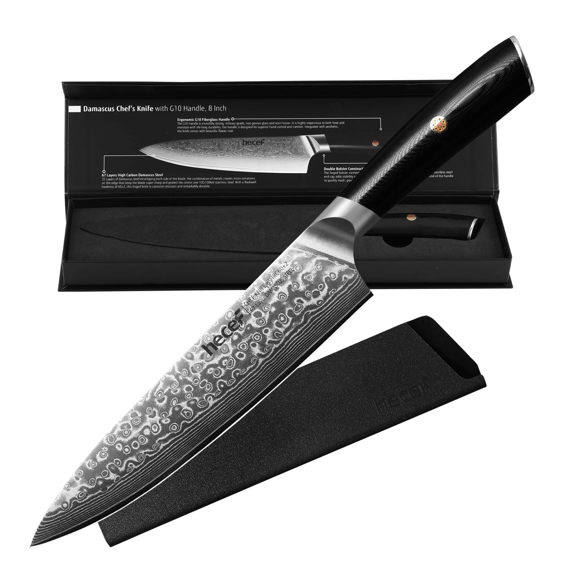 Hecef Chef Knife, 8 inch Japanese Damascus Steel Professional Extra Sharp VG10 Kitchen Knife | Walmart (US)