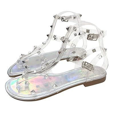 ALOTUS Women's Rivets Flat Sandals Clear Strap Flats Summer Daily Summer Studs Shoes with Buckle | Amazon (US)