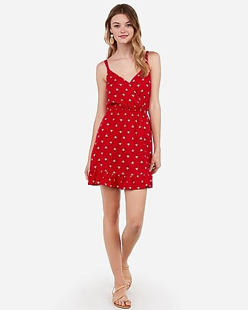 printed surplice strappy back ruffle mini dress | Express