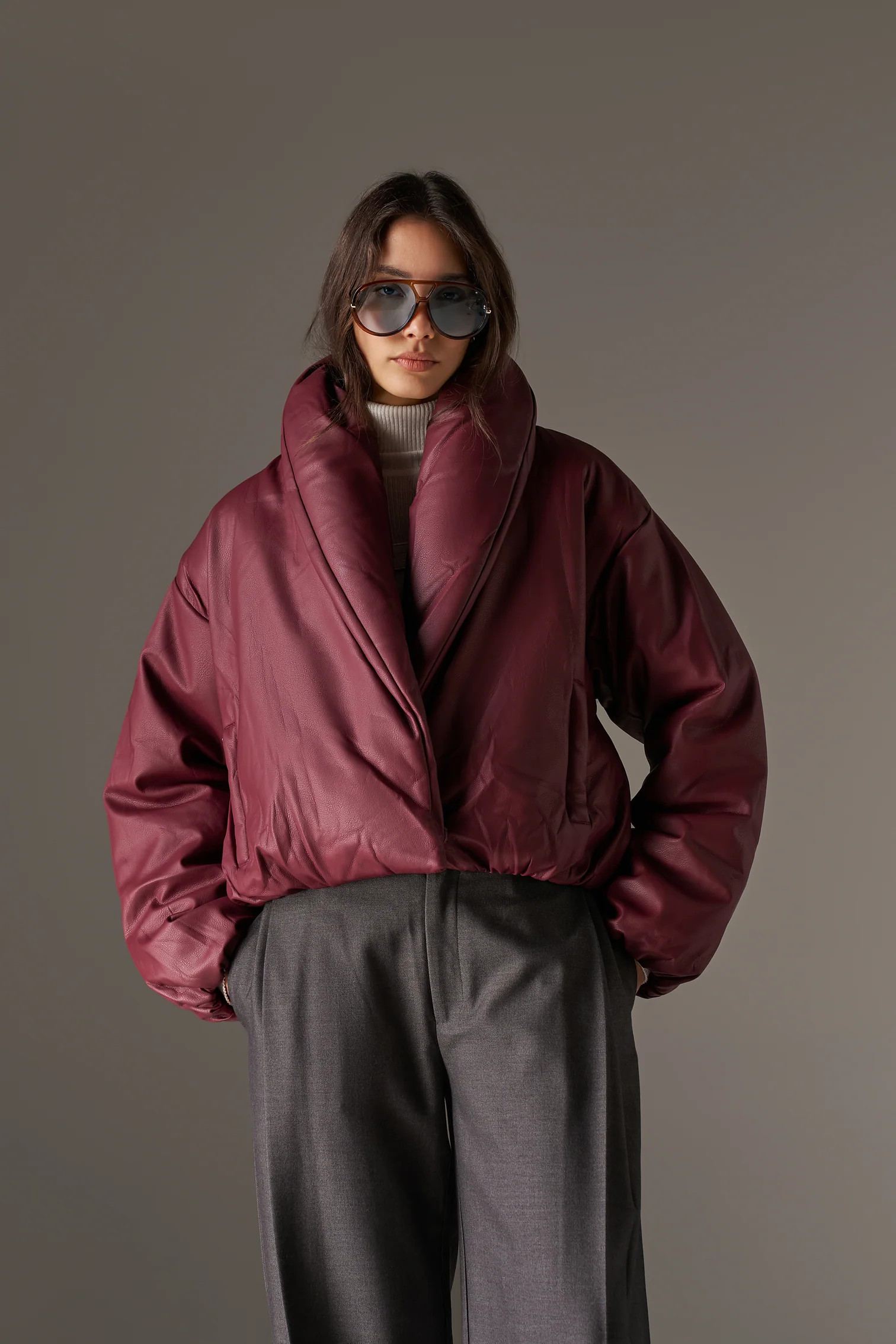 OVERSIZED COLLAR FAUX LEATHER PUFFER COAT - BURGUNDY | The Couture Club
