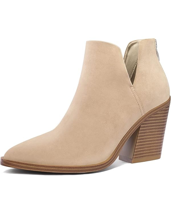 mysoft Women's Ankle Boots Slip on Cutout Pointed Toe Chunky Stacked Mid Heel Booties | Amazon (US)