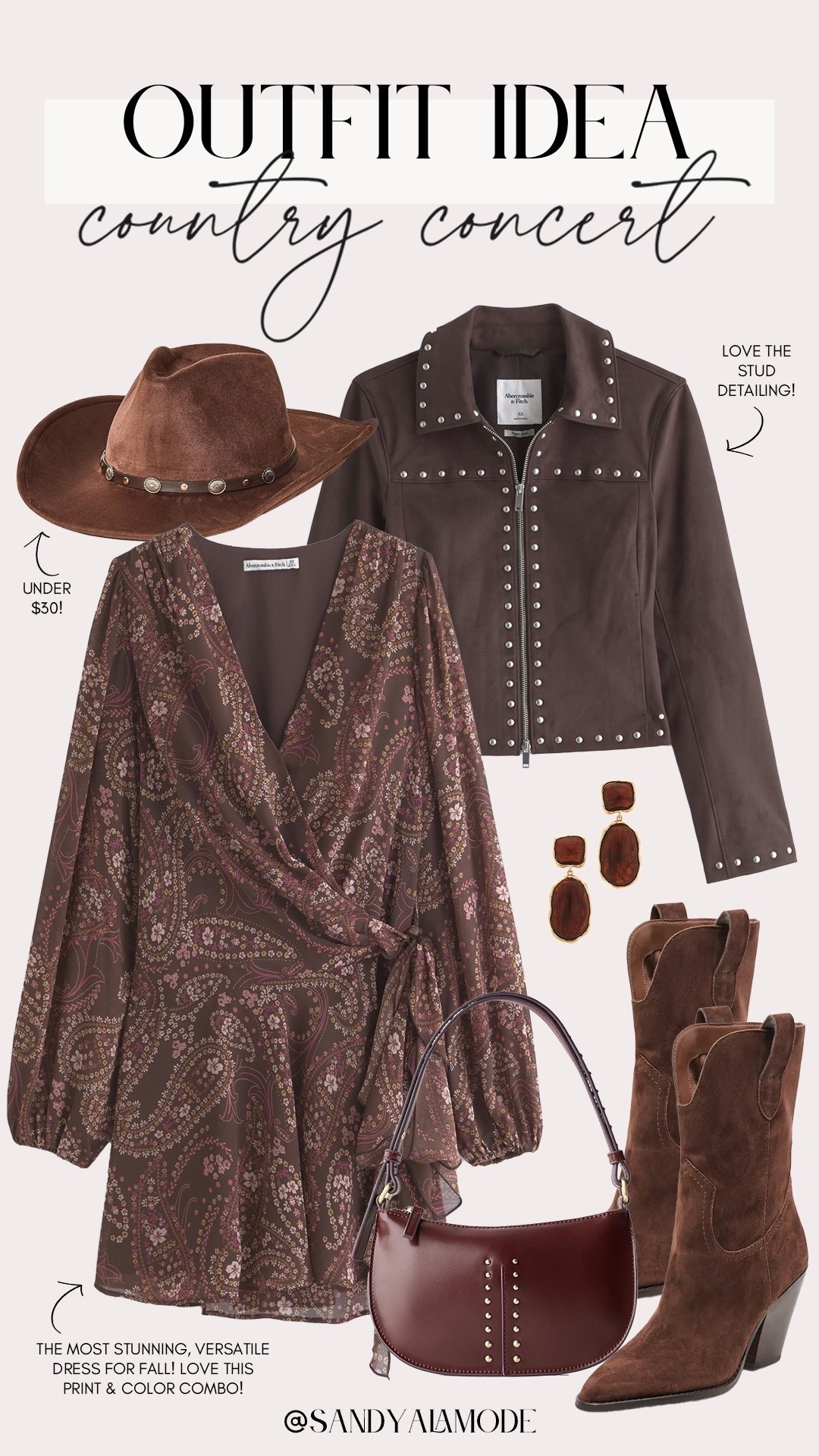 Fall country concert outfit. Versatile brown fall dress. What to wear to a country concert. Abercrombie new arrivals. Target fashion. Target cowboy hat. Suede cowboy hat. Mid calf cowboy boots. Brown suede cowboy boots. Burgundy studded shoulder bag. Studded vegan suede jacket  

#LTKStyleTip #LTKFindsUnder100 #LTKSeasonal