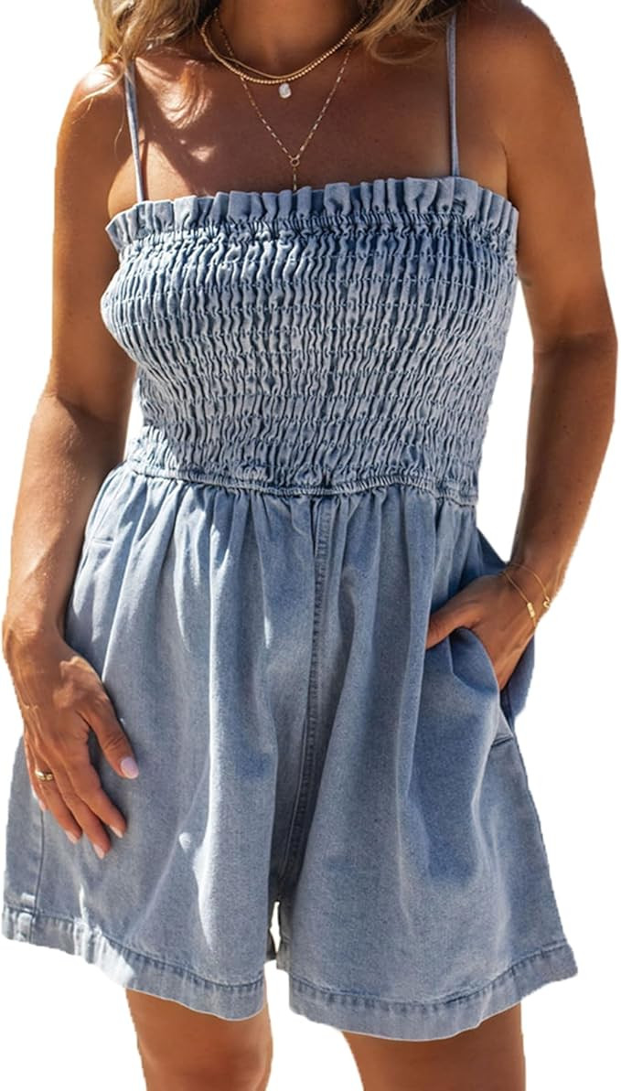 cffvdiz Women's Short Denim Jumpsuit Rompers Sleeveless Waist Cinching Suspenders Short Jumpsuit | Amazon (US)