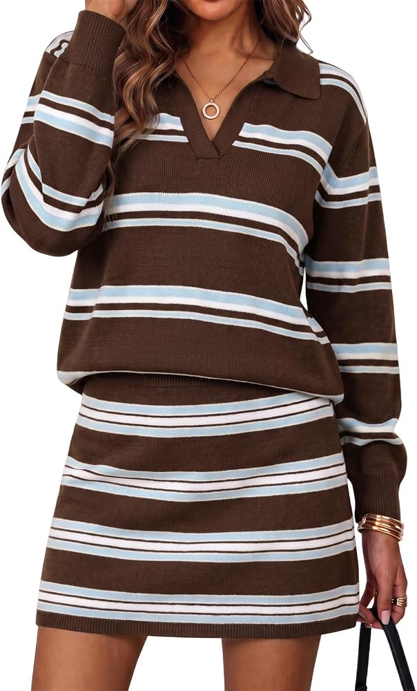Wenrine Womens Striped 2 Piece Outfits V Neck Tops Mini Skirt Sweater Sets | Amazon (US)