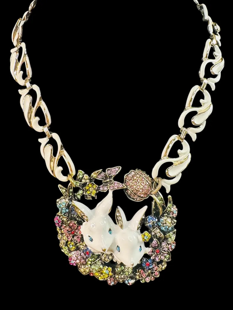 Briar & Bloom | 1950s Gold Enamel Necklace with Modern Jeweled Bunny Brooch Pendant | One of a Ki... | Etsy (US)