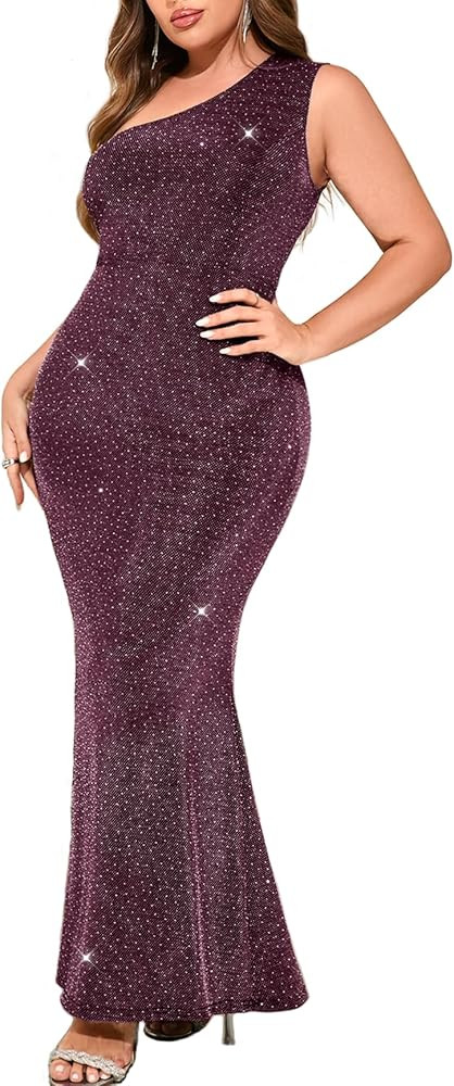 ZOMVA Plus Size One Shoulder Formal Evening Gowns Sparkly Mermaid Maxi Dress for Wedding Guest Co... | Amazon (US)