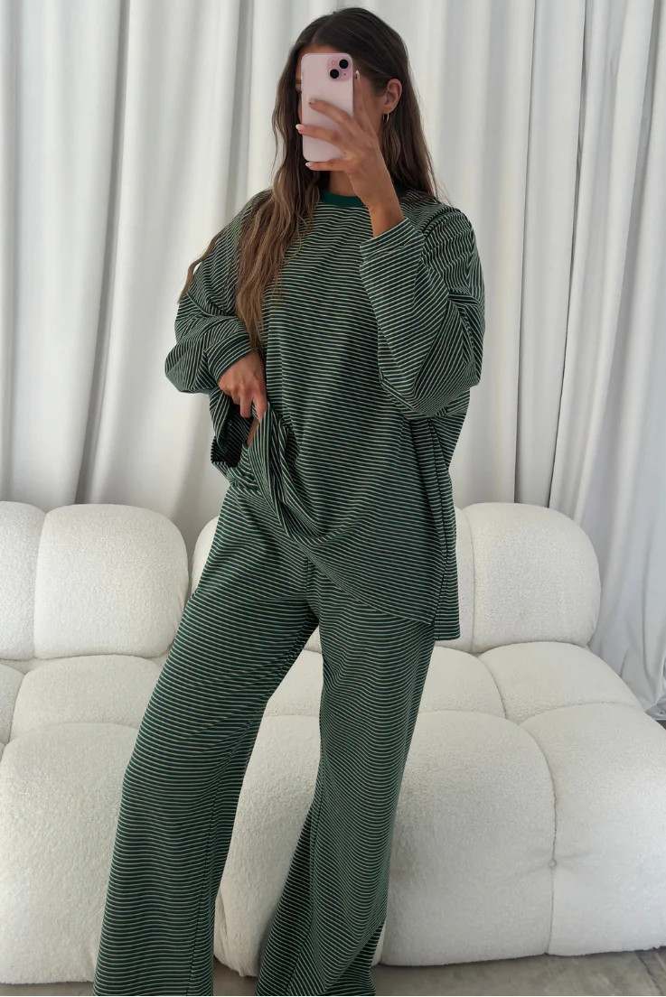 Campbell Striped Fleece Lounge Pants in Forest Green | Worth Collective