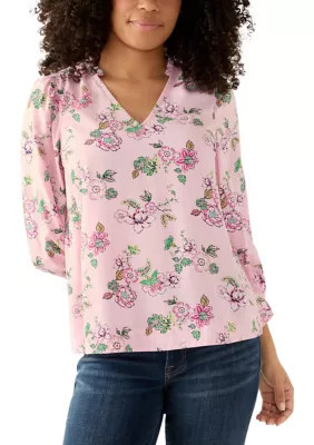 Crown & Ivy Women's 3/4 Sleeve Top with Shirred Shoulders and Print, Pink, XXL | Belk