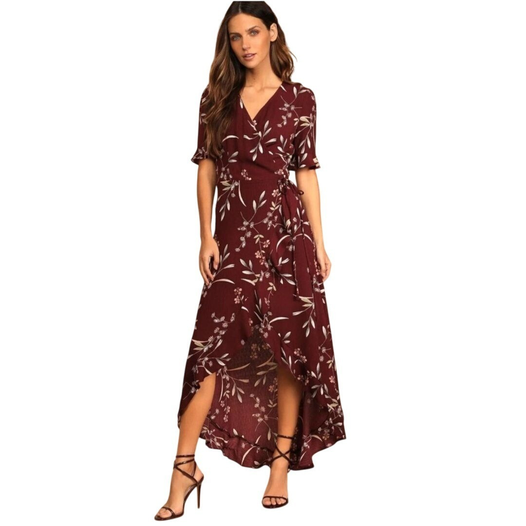 Lulus Wild Winds Burgundy Floral Print High Low Wrap Dress Size S | eBay US