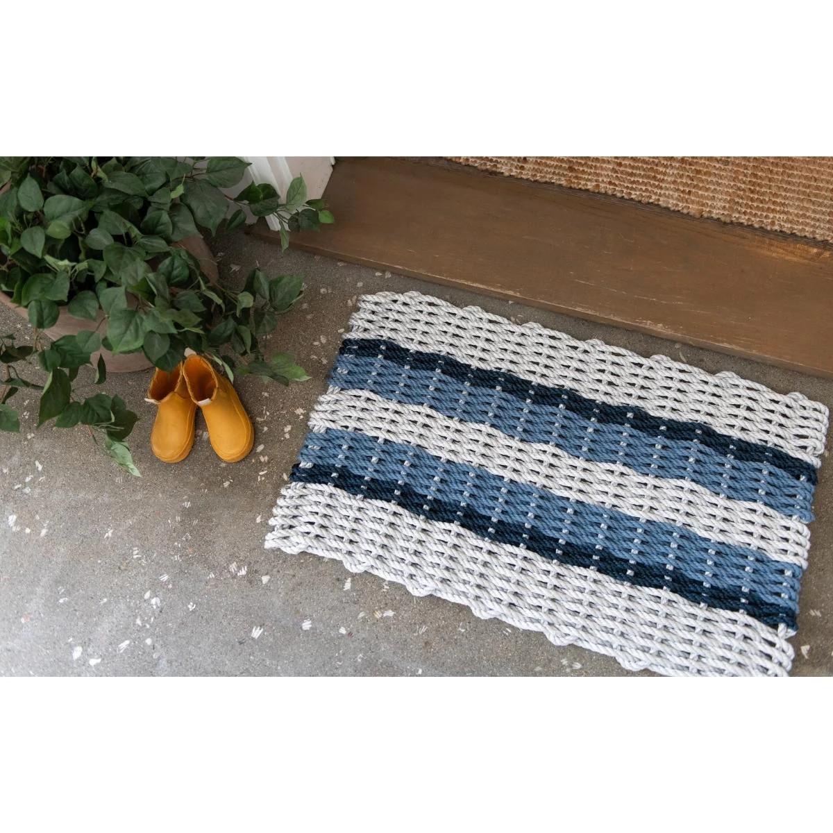 Nautical Rope Doormat - Fog Gray with Double Navy & Glacial Bay Stripes | Cailini Coastal