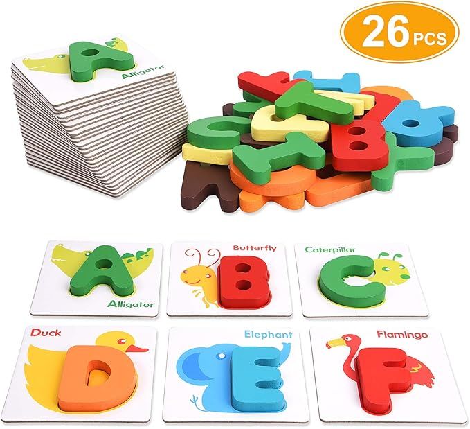 Alphabet Flash Cards, XREXS Toddler ABC Letters Learning Cards, Wooden Alphabet Letters Puzzle Ed... | Amazon (US)