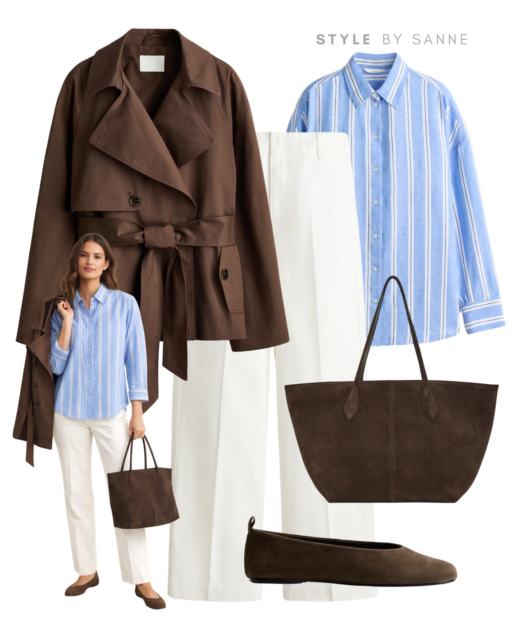 Chocolate brown trench layered over a blue striped shirt with soft white tailored trousers, finished with a suede tote and matching flats for a timeless, polished everyday look.🤎

#LTKstyletip #LTKworkwear #LTKspring