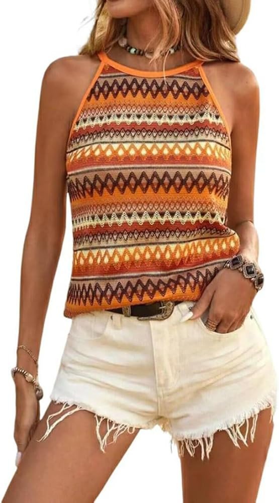VKEGNIO Colorful Striped Halter Top Women Vintage Ribbed Knit Tank Top Summer Crew Neck Sleeveles... | Amazon (US)