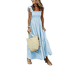 chouyatou Women's Retro Plaid Smocked Dress Spaghetti Strap Flounce Long Dress | Amazon (US)