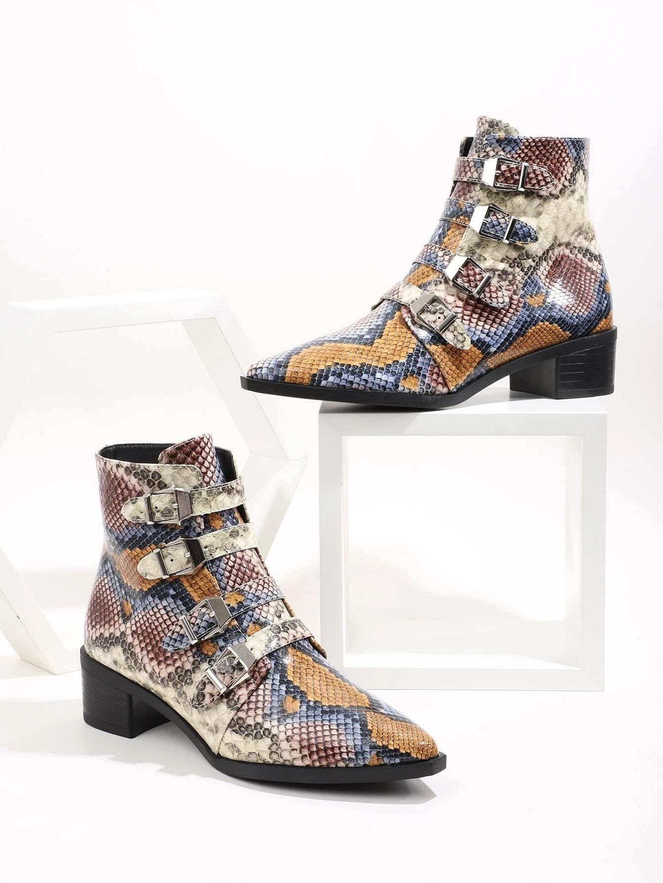 Buckle Decor Snakeskin Print Chunky Boots | SHEIN