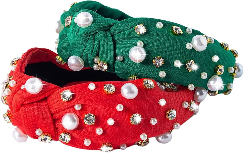 2Pcs Christmas Headbands for Women, Solid Color Rhinestones Holiday Knot Hair Hoops, Festive Pear... | Amazon (US)