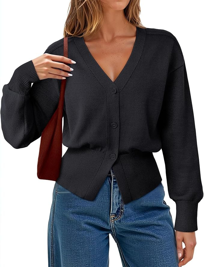 Gaharu Womens Open Front Cardigan Sweaters Long Sleeve Knitted Button Tops Casual V-Neck Peplum O... | Amazon (US)
