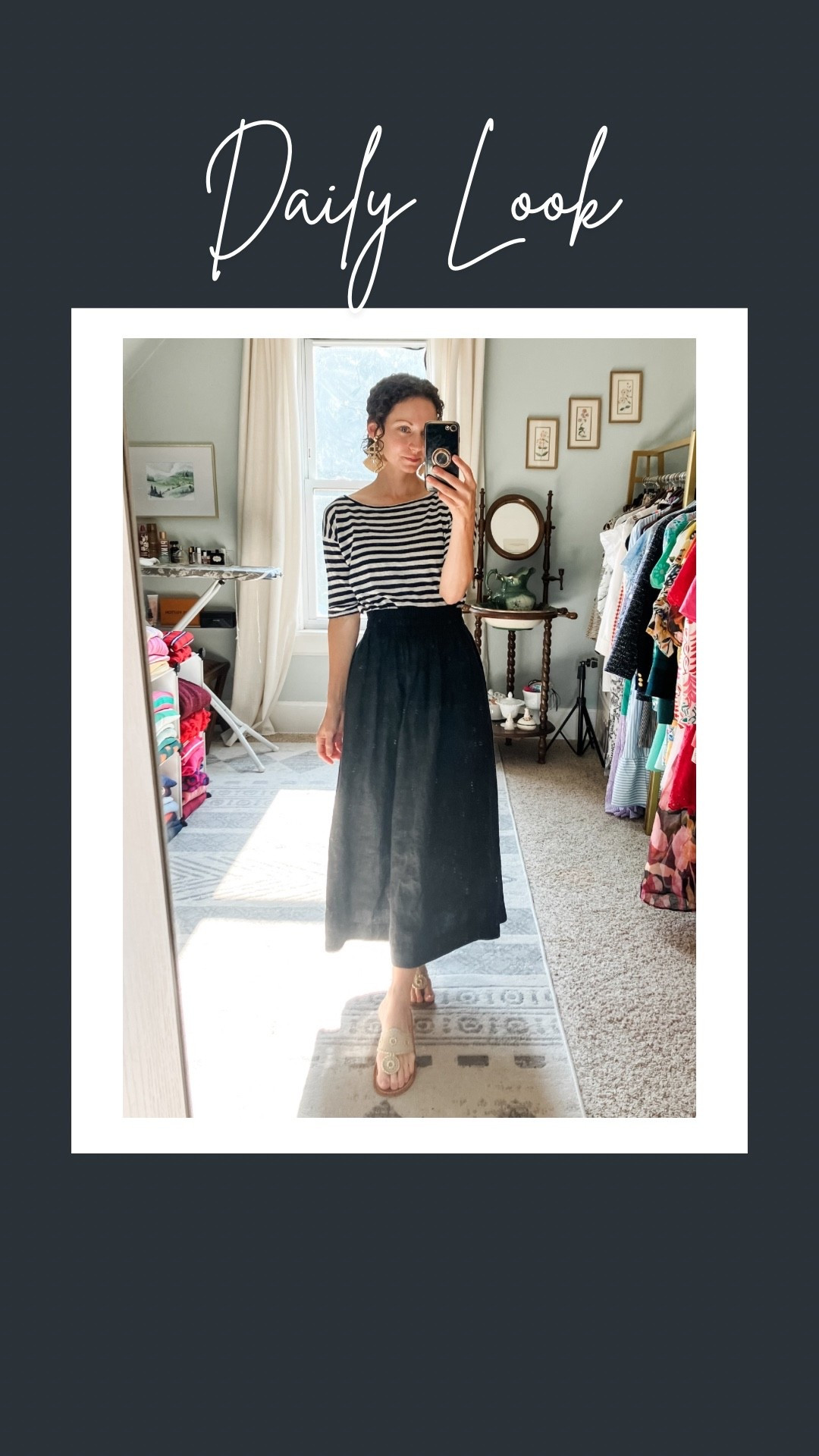 Parisian summer outfit. 
Petite outfit. Linen skirt. Stripe T-shirt. Modest outfit. Classic outfit  

#LTKPetite #LTKStyleTip #LTKOver40