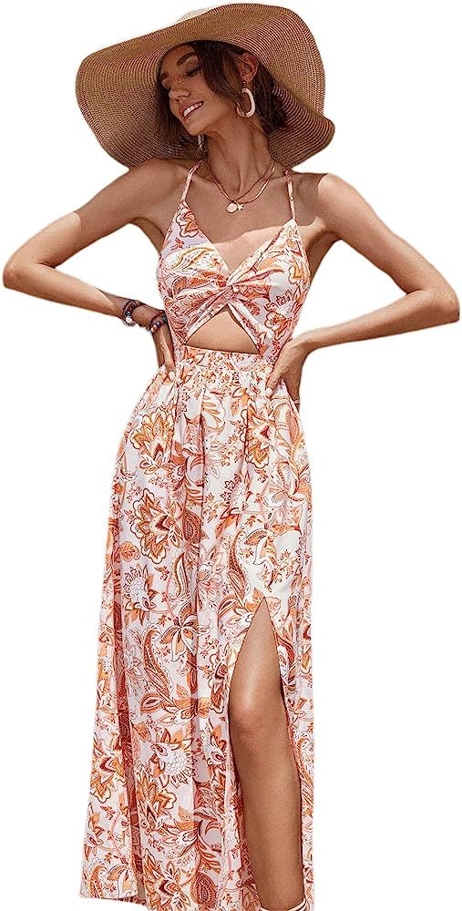 Floerns Women's Twist Front Backless Tie Back V Neck Floral Cami Maxi Dress | Amazon (US)