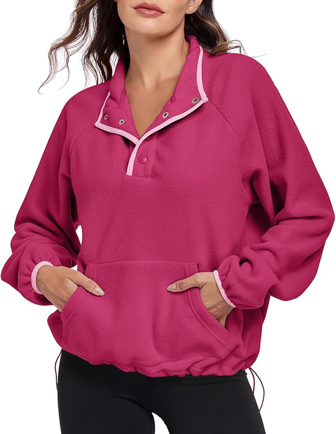 HOUZONIY Womens Button Pullover Fleece Jacket Long Sleeve V Neck Warm Fuzzy Sweatshirt Comfy Swea... | Amazon (US)