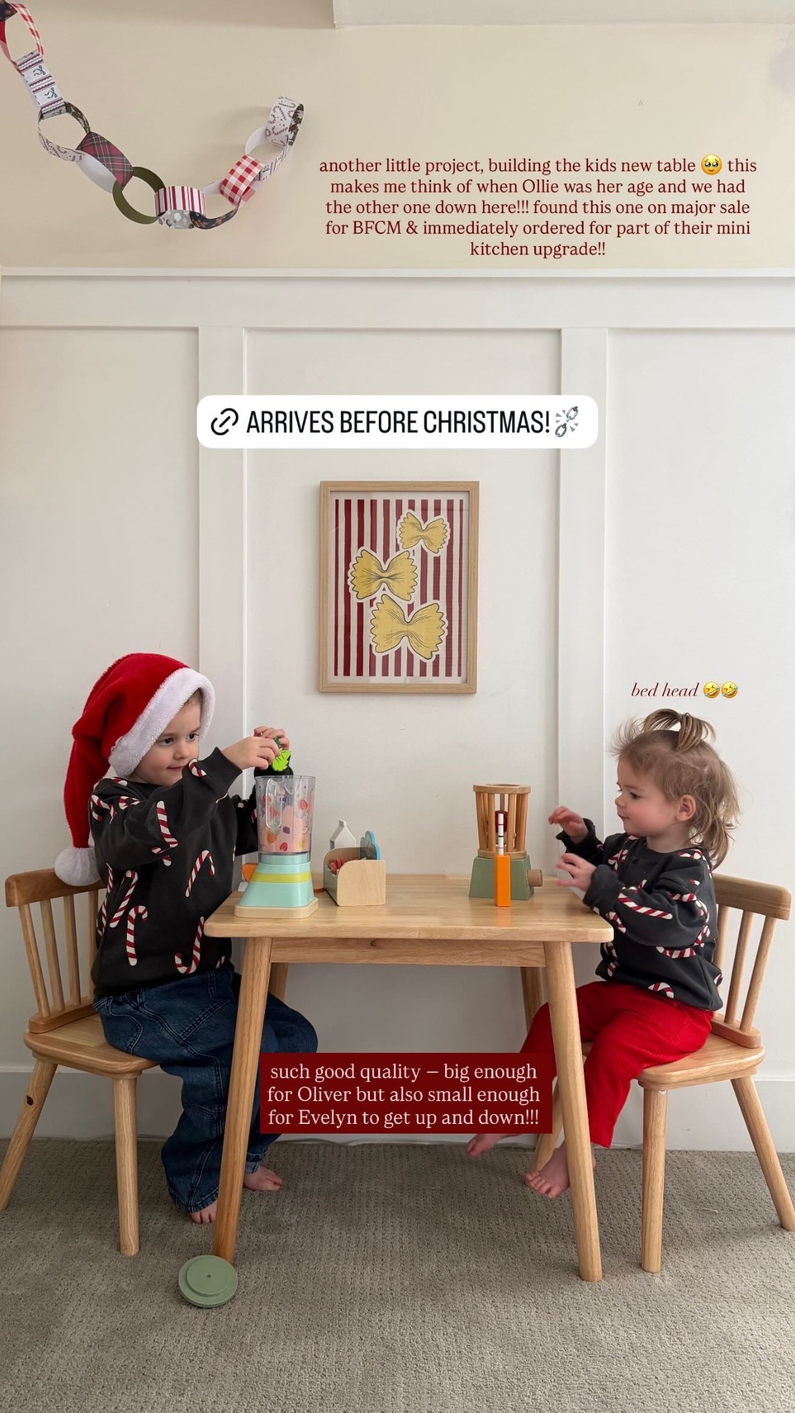 another little project, building the kids new table 🥹 this makes me think of when Ollie was her age and we had the other one down here!!! found this one on major sale for BFCM & immediately ordered for part of their mini kitchen upgrade!! such good quality — big enough for Oliver but also small enough for Evelyn to get up and down!!! bed head 🤣🤣