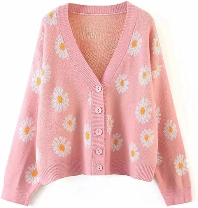 Women's Long Sleeve Cute Cardigan Sweater Y2K Top Cropped Knit Floral Pattern V Neck Button Down ... | Amazon (US)