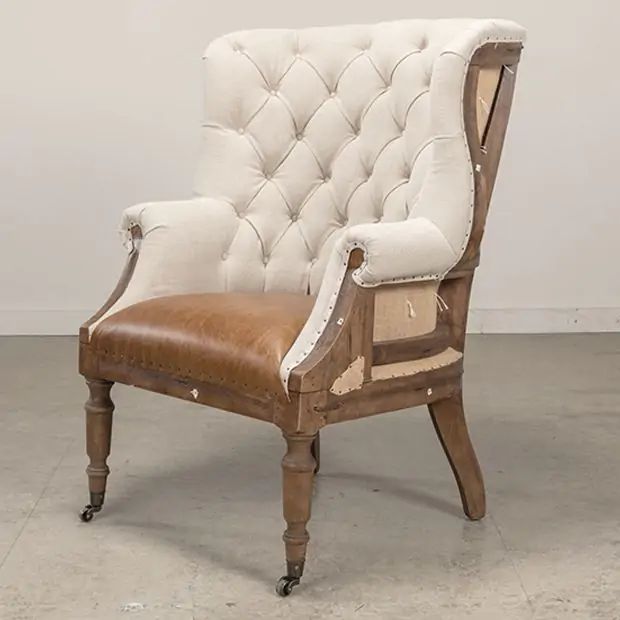Tufted Linen and Leather Club Chair | SHIPS FREE | Antique Farm House